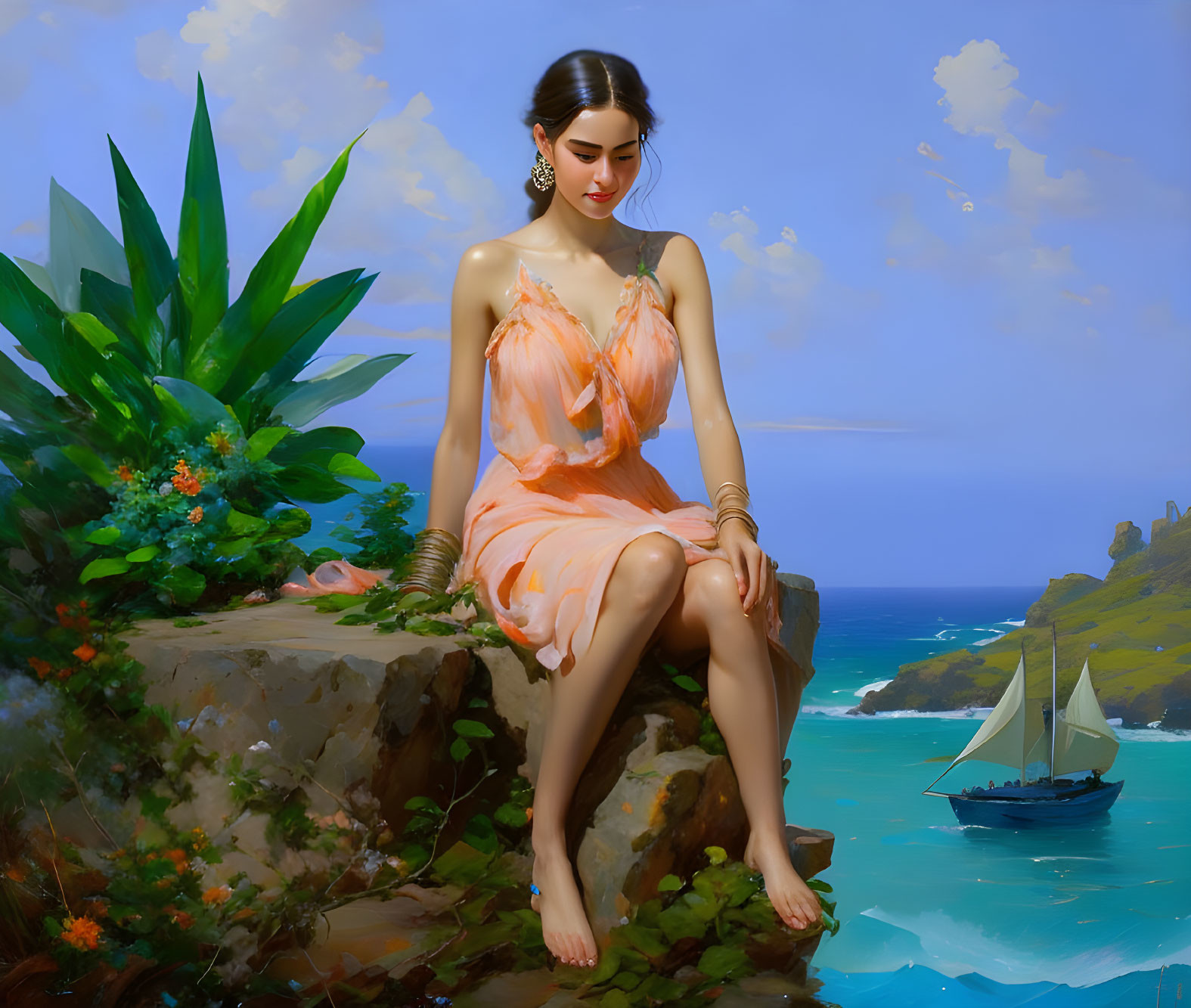 Tranquil seascape with woman in orange dress on rocky outcrop