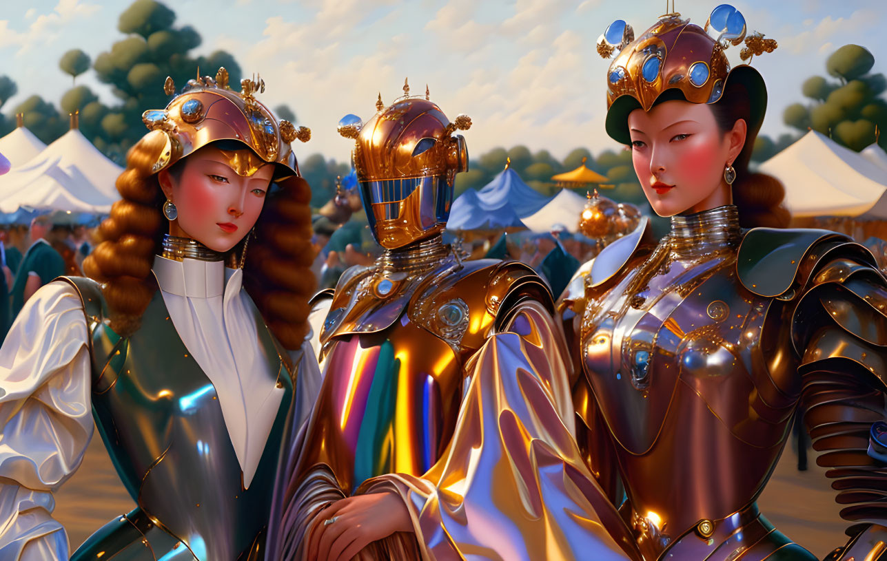 Two women in futuristic medieval armor at tournament with crowds and tents