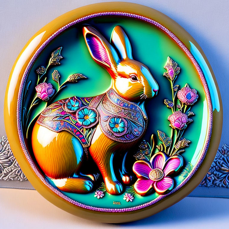 Colorful circular image of golden rabbit and flowers on decorative plate