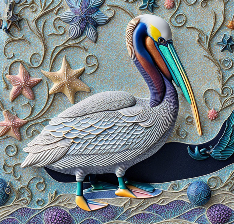 Vibrant pelican illustration with marine motifs and intricate patterns