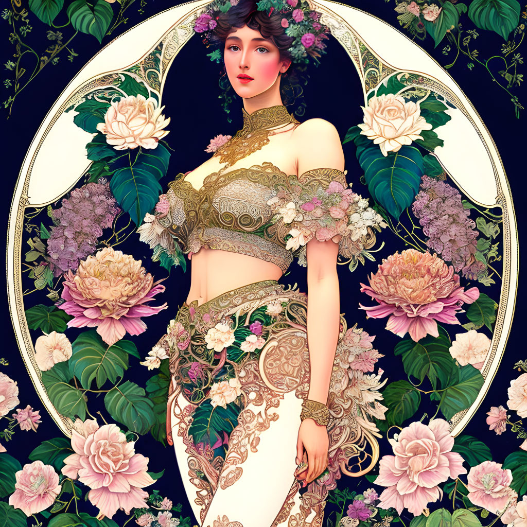 Stylized illustration of woman in ornate floral outfit and decorative background.