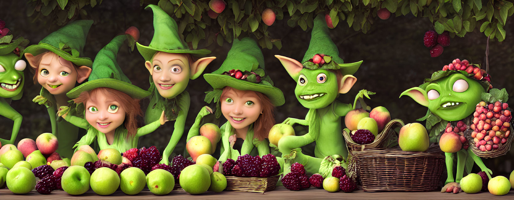 Colorful animated characters in a fruit-filled garden setting