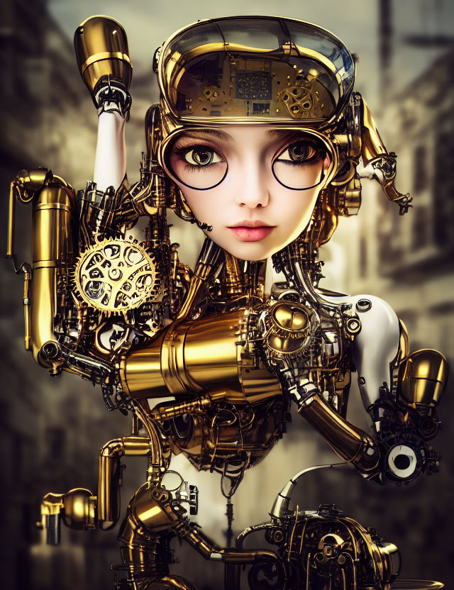 Detailed humanoid robot illustration with golden mechanical features and expressive eyes on cityscape backdrop.