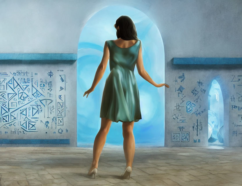 Woman in teal dress at mystical archway with hieroglyphs, facing bright blue realm