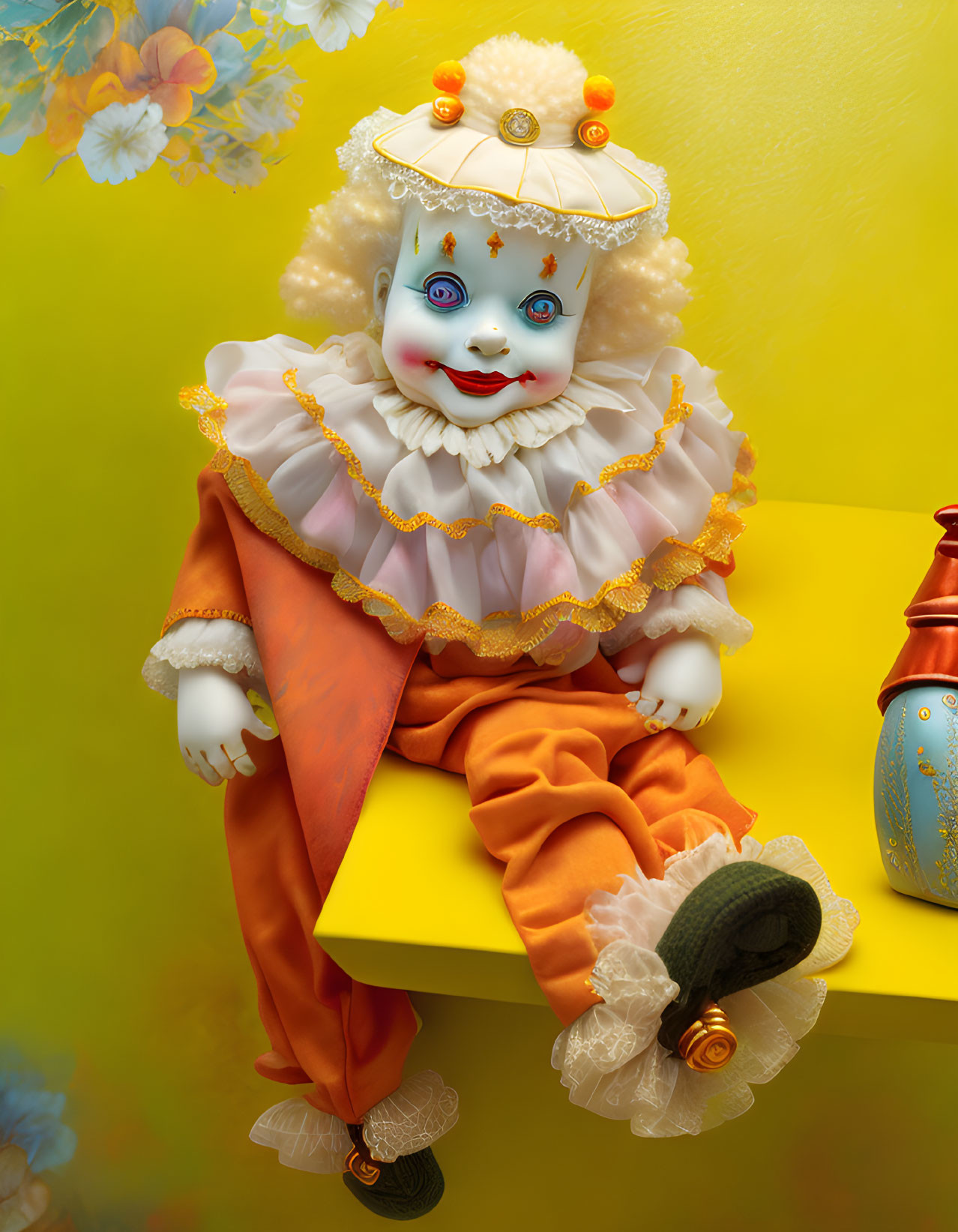 Vintage Clown Doll in White and Orange Costume on Yellow Floral Background