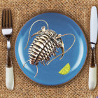 Giant Isopod on Blue Plate with Lemon and Cutlery on Wooden Table