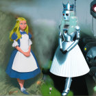Fantastical Alice in Wonderland themed illustration with robotic White Queen in detailed environment