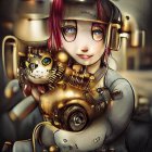 Detailed humanoid robot illustration with golden mechanical features and expressive eyes on cityscape backdrop.