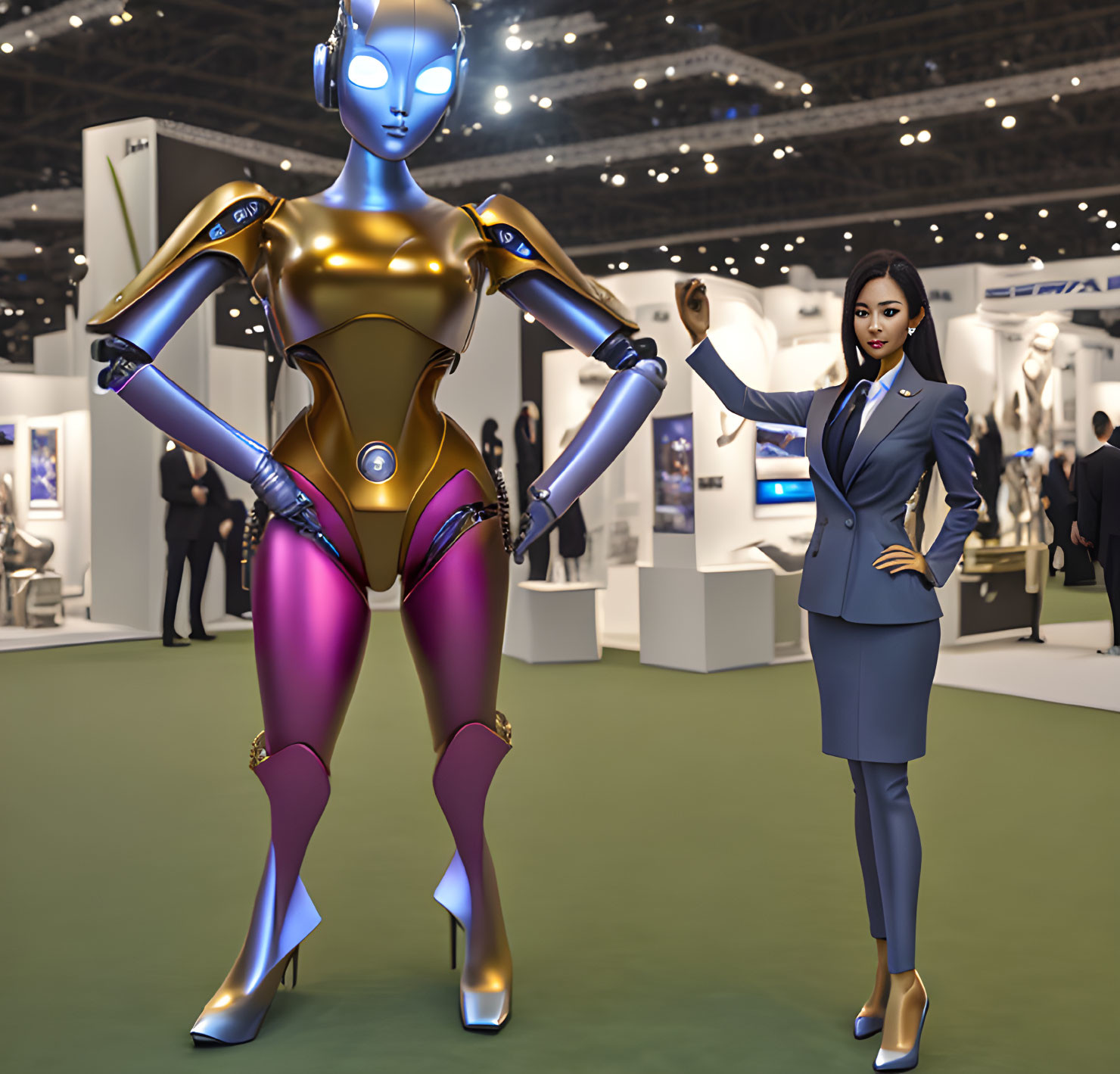 Gold and Purple Accented Humanoid Robot with Woman in Blue Business Suit at Tech Expo