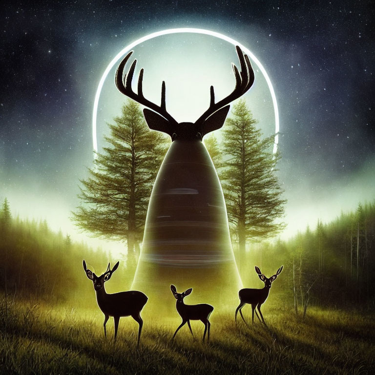 Enchanting night forest with glowing deer silhouette and starlit sky