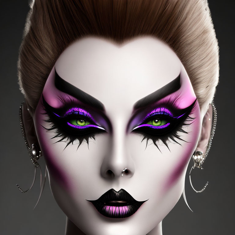 Detailed Close-Up of Stylized Female Face with Purple Eye Makeup
