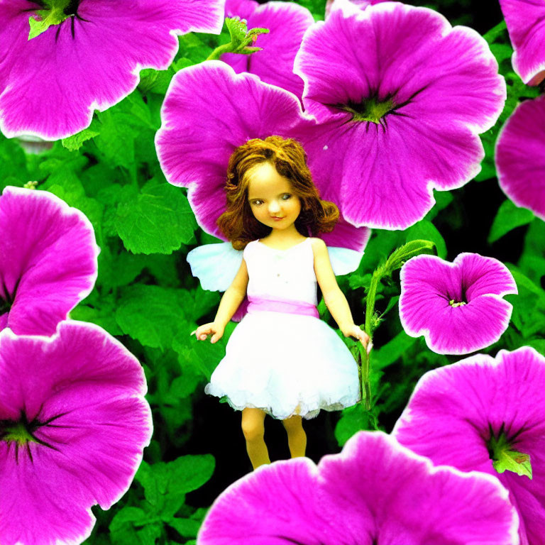 Doll with wings in white dress among purple flowers on green backdrop
