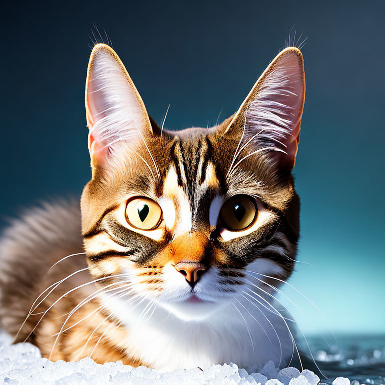 Brown and Black Striped Cat with Yellow Eyes and Whiskers on Blue Background