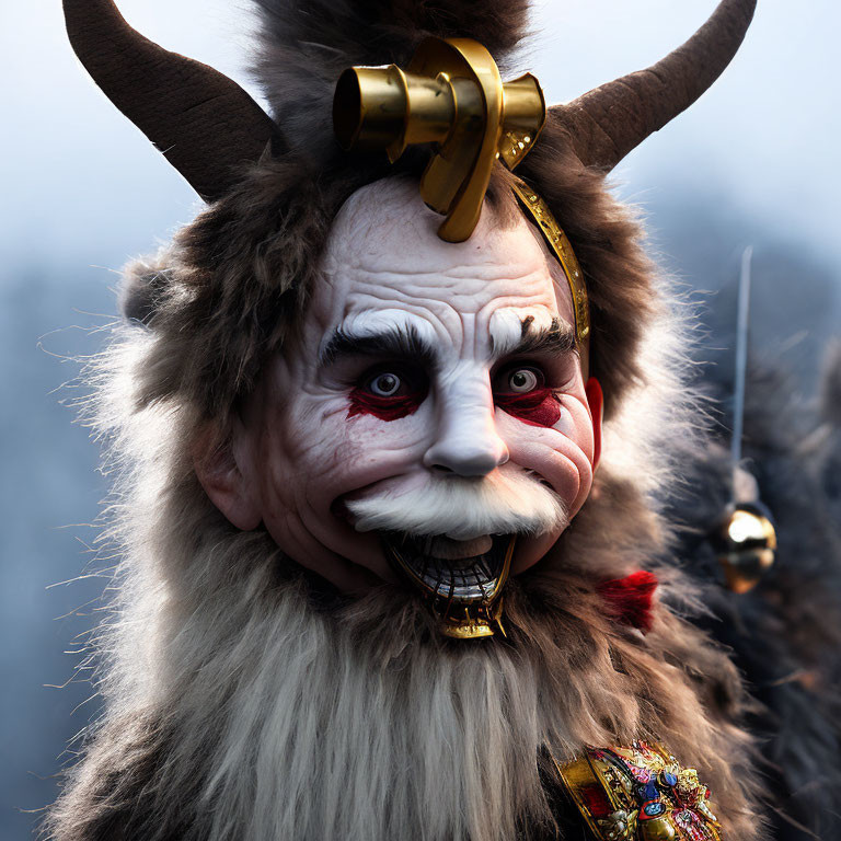 Detailed Mythical Creature Costume with Horned Mask and Metallic Accessories