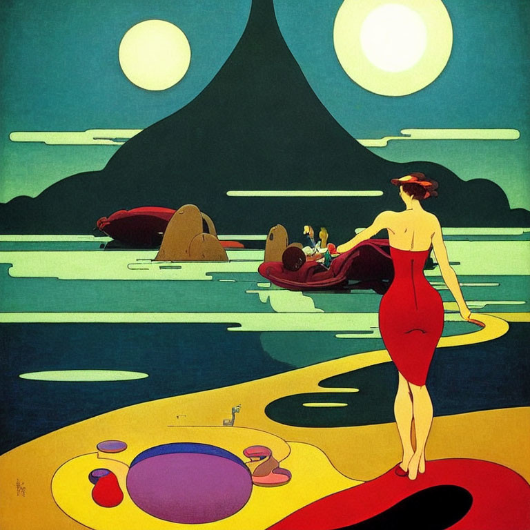 Surreal artwork of woman in red dress by the sea