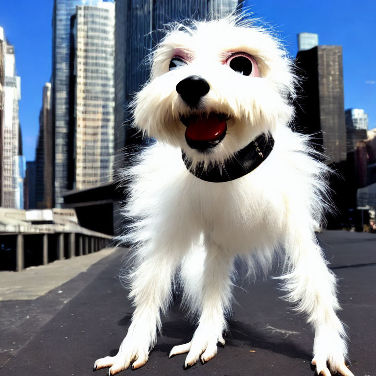 Fluffy white dog on city sidewalk with tall buildings under clear blue sky