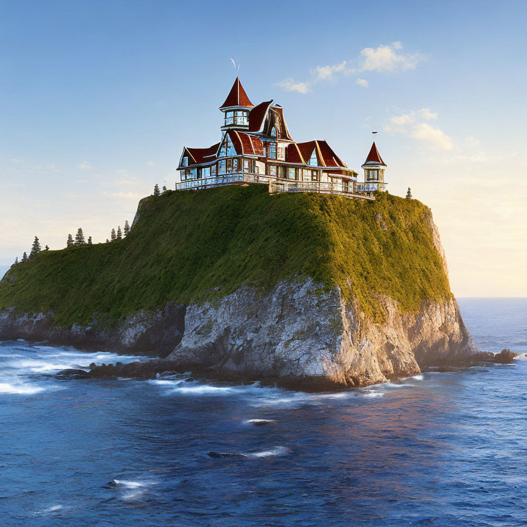 Victorian-style house on lush cliff overlooking blue sea at sunset