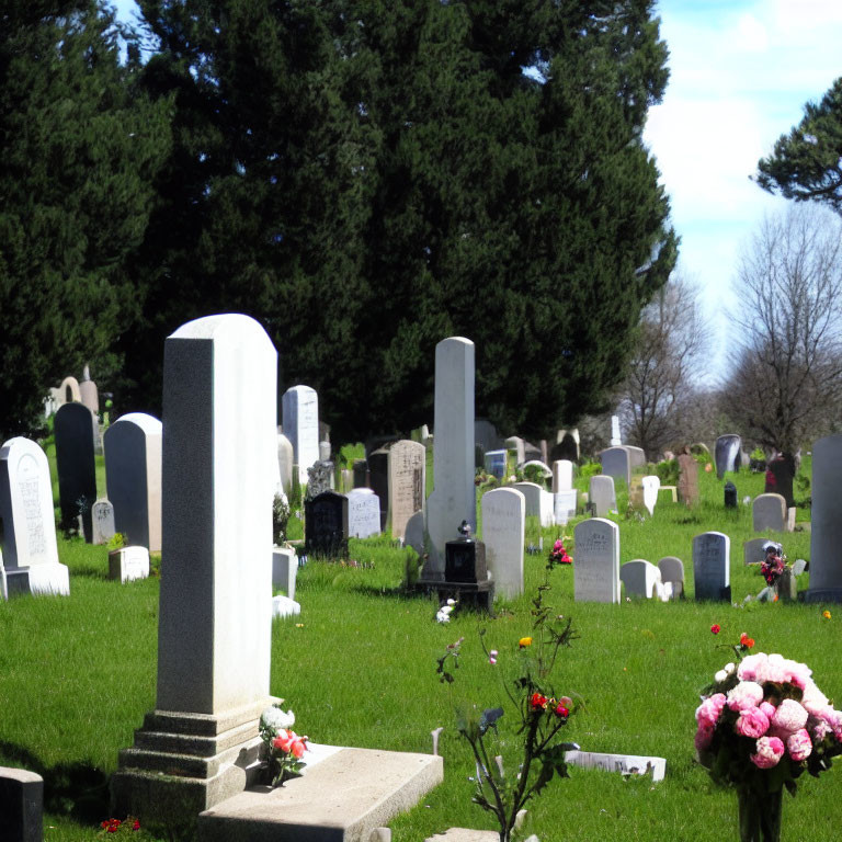 Variety of gravestones in peaceful cemetery landscape