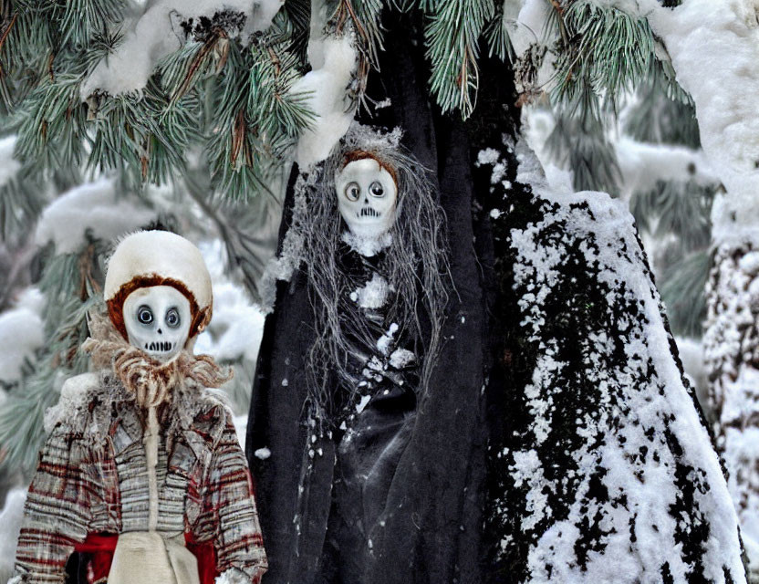 Spooky Skeleton and Ghost in Snowy Pine Branch Setting