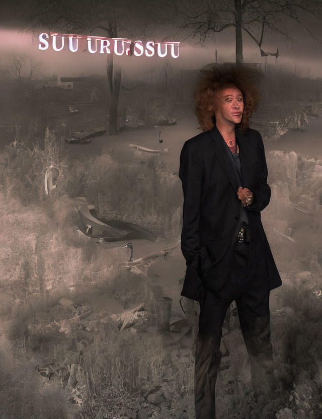 Curly Haired Person in Dark Suit in Surreal Landscape