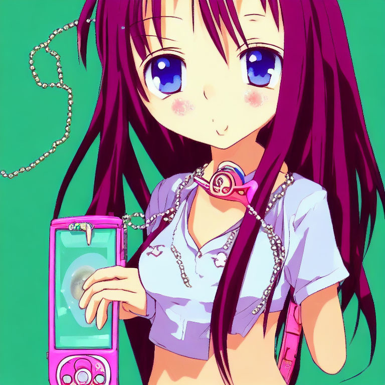 Long Purple-Haired Anime Girl Smiling with Pink Flip Phone