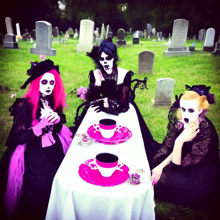 Gothic tea party in cemetery with pink cups and tablecloth