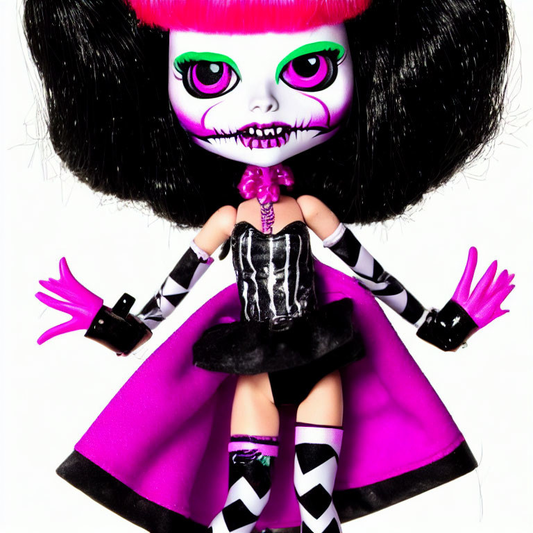 Black and Pink Day of the Dead Doll with Striped Limbs on White Background
