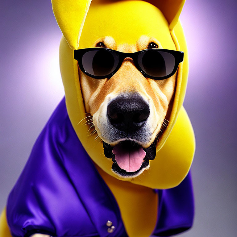 Smiling dog in yellow banana costume with black sunglasses on purple backdrop