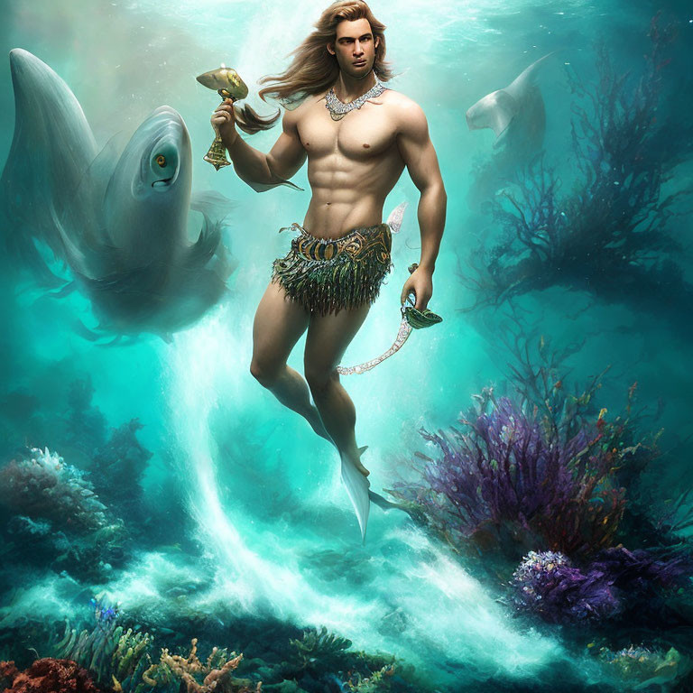 Muscular merman with trident swims with dolphin in vibrant underwater scene