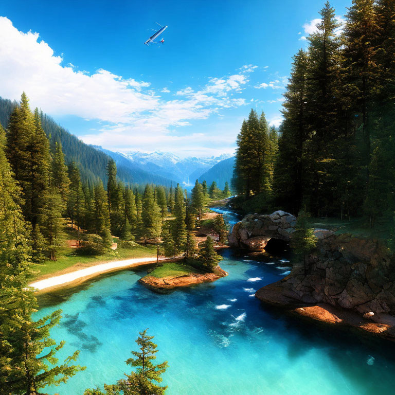 Scenic landscape with turquoise river, forest, bridge, mountains, and airplane