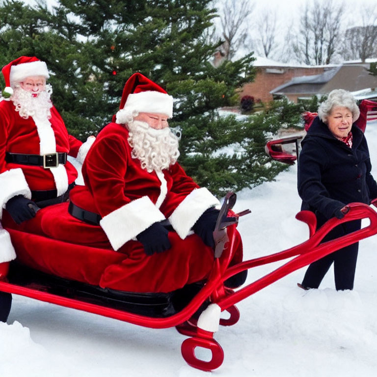 Two Santa Claus Costumes in Red Sleigh with Woman on Snowy Day