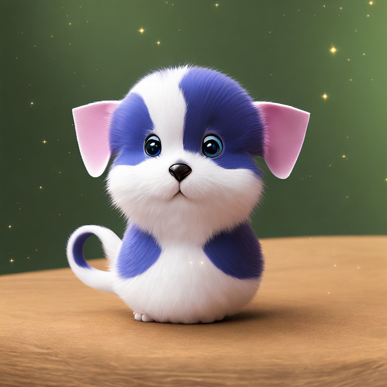 Blue and white fluffy puppy illustration on wooden surface with expressive eyes and stars background