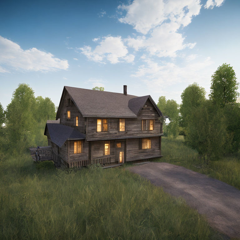 Two-Story Wooden Cabin with Lit Porch in Grassy Clearing