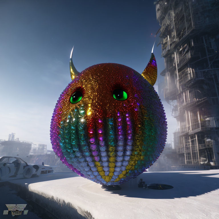 Colorful Sparkling Creature with Horns and Green Eyes Hovering Over Snowy Futuristic Landscape