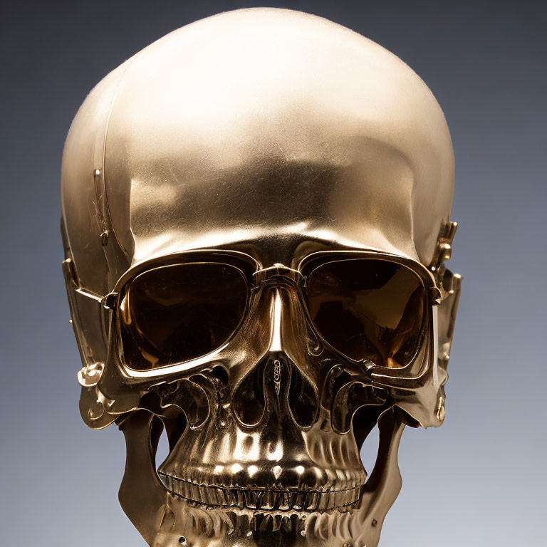 Golden metallic skull with sunglasses on blue background.