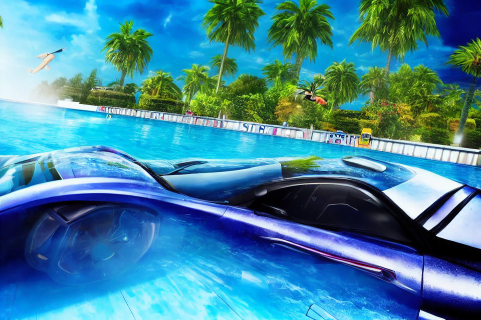 Blue sports car submerged in pool with palm trees and blue sky