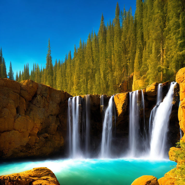 Pine Trees, Waterfall, Turquoise Pool, Rock Formations, Blue Sky