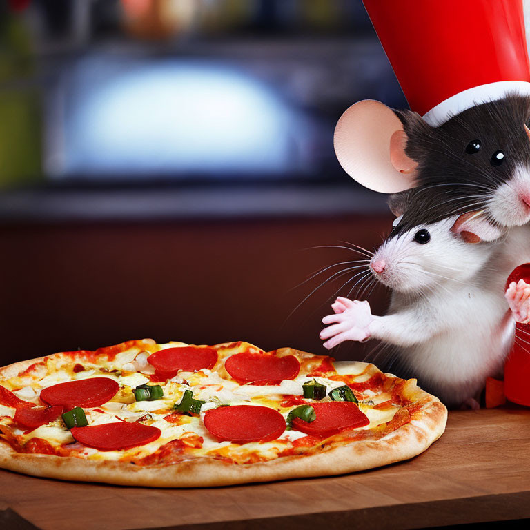 Rat standing near whole pepperoni pizza on soft focus background