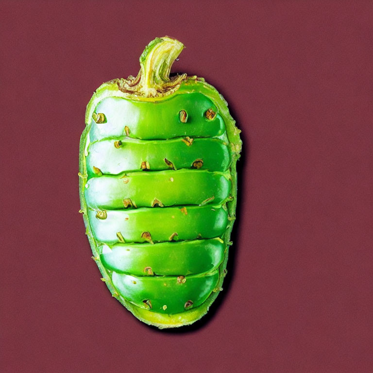 Green Bell Pepper Sliced in Caterpillar Shape on Maroon Background