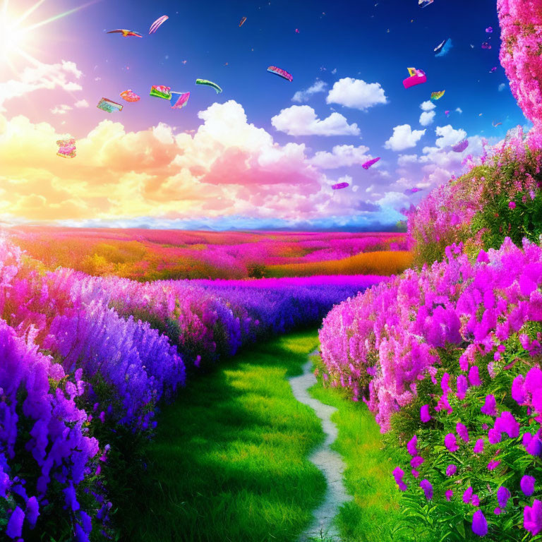 Colorful Hot Air Balloons Over Purple and Pink Flower Field