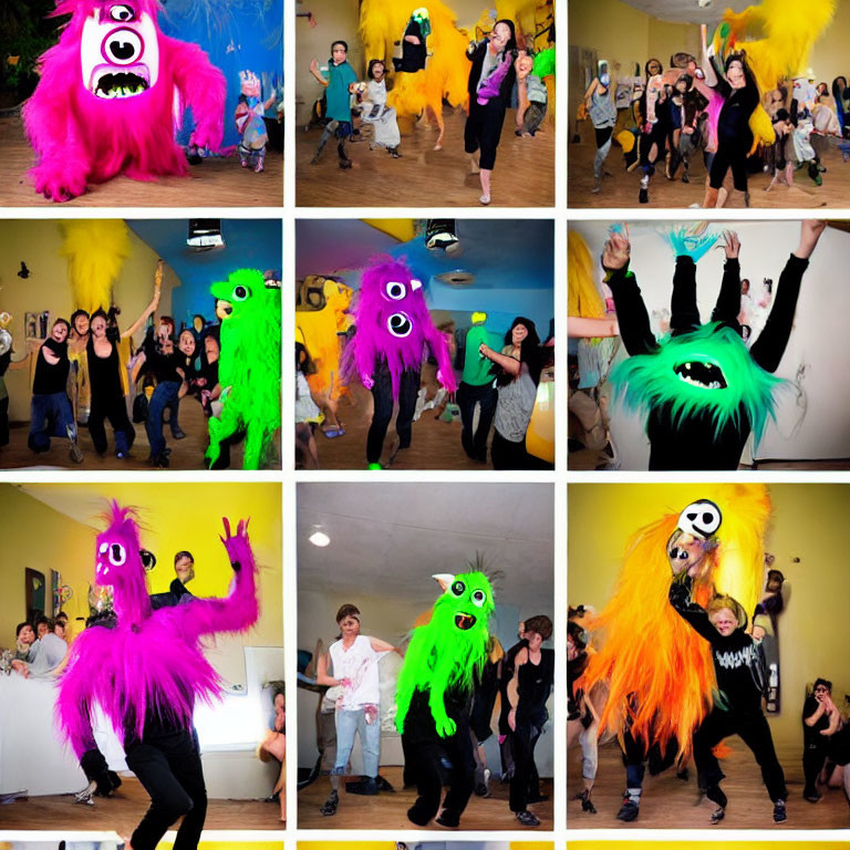 Nine Images of People Dancing with Colorful Monster Puppets