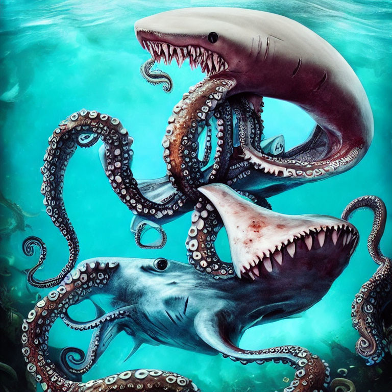 Digital artwork: Giant shark battles octopus in underwater scene