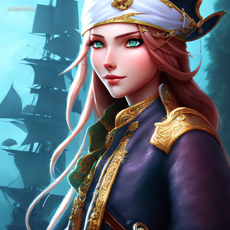 Illustration of female character with white hair and captain's hat on ship backdrop