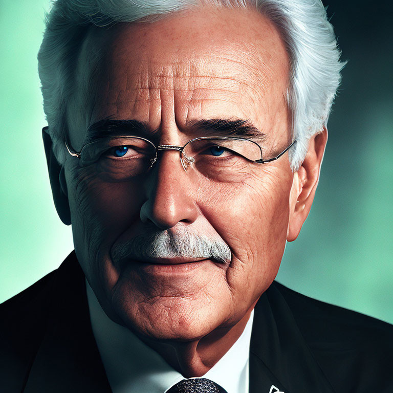 Elderly man with white hair, mustache, beard, glasses, and suit portrait