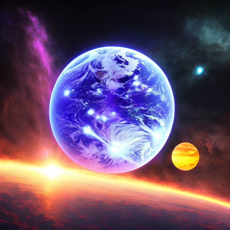 Colorful cosmic scene with Earth glowing in space next to orange planet.