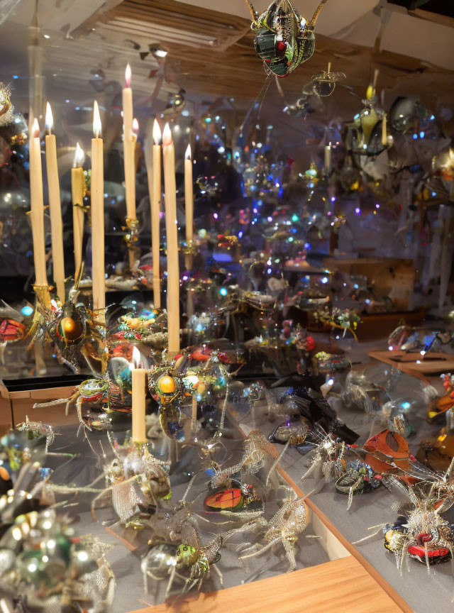 Festive display with lit candles, ornaments, and tinsel, featuring a blurred Christmas tree