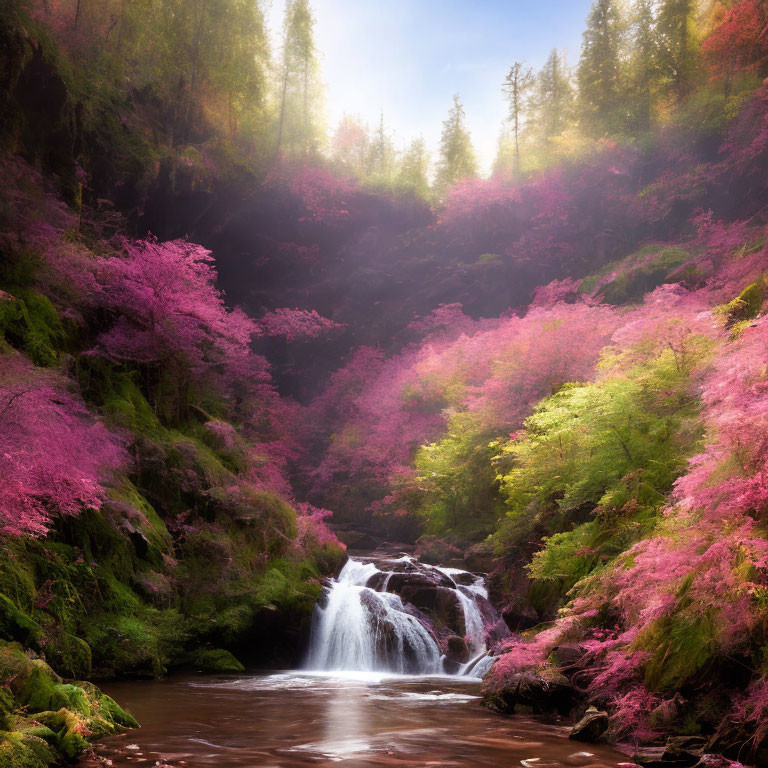 Tranquil waterfall in mystical forest with pink foliage