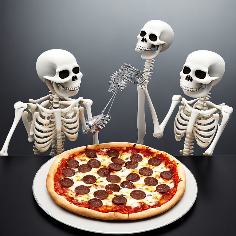 Skeleton Figures Enjoying Pizza Together in Spooky Scene
