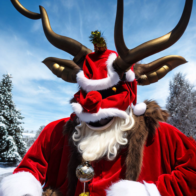 Santa Claus Costume with Reindeer Antlers and Christmas Ornament in Winter Landscape