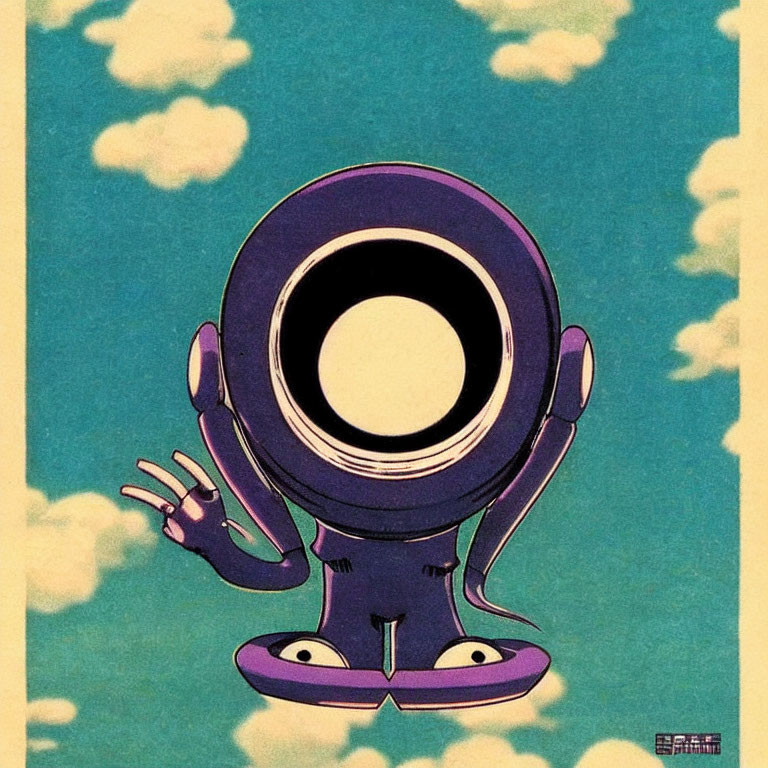 Purple anthropomorphic speaker waving on yellow backdrop with clouds